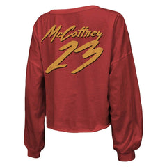 Christian McCaffrey San Francisco 49ers Majestic Threads Women's Name & Number Off-Shoulder Script Cropped Long Sleeve V-Neck T-Shirt - Scarlet T-shirts