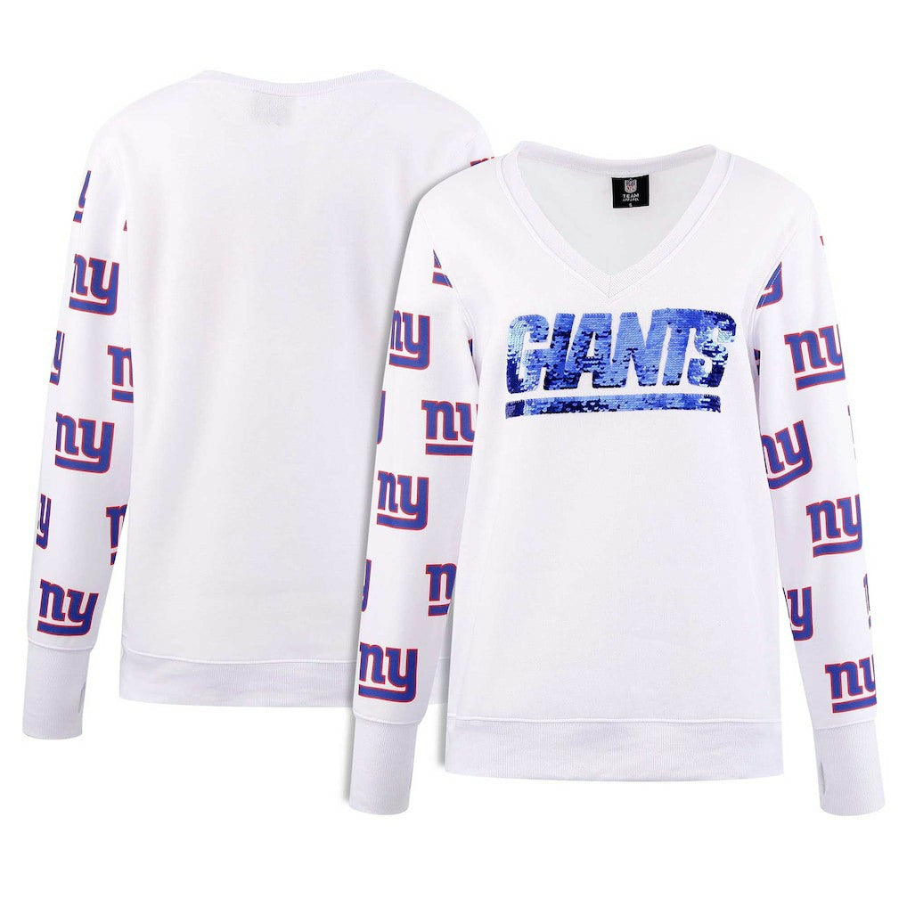New York Giants Cuce Women's Sequin Fleece V-Neck T-Shirt - White T-shirts