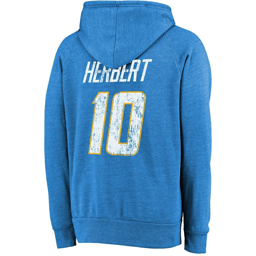 Justin Herbert Los Angeles Chargers Majestic Threads Name & Number Tri-Blend Pullover Hoodie - Powder Blue Hoodies