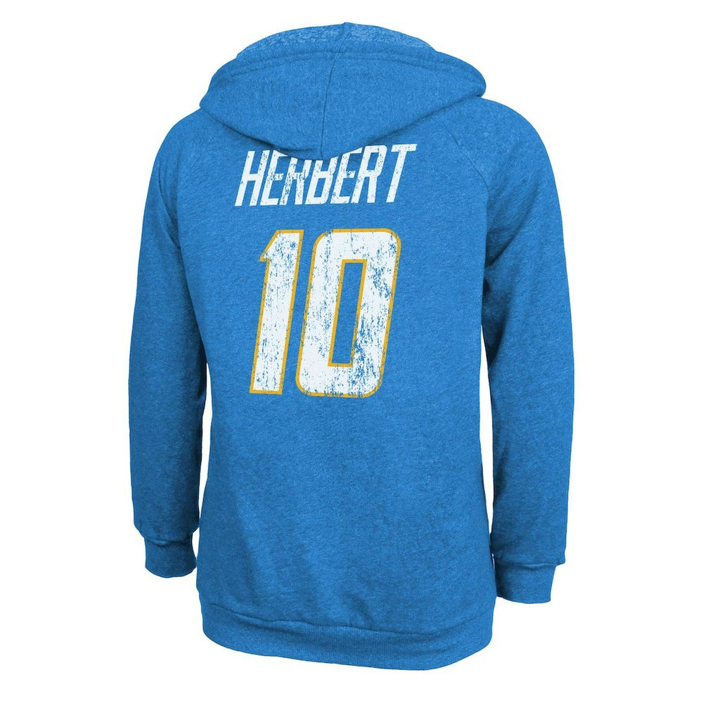 Justin Herbert Los Angeles Chargers Majestic Threads Women's Name & Number Tri-Blend Pullover Hoodie - Powder Blue Hoodies