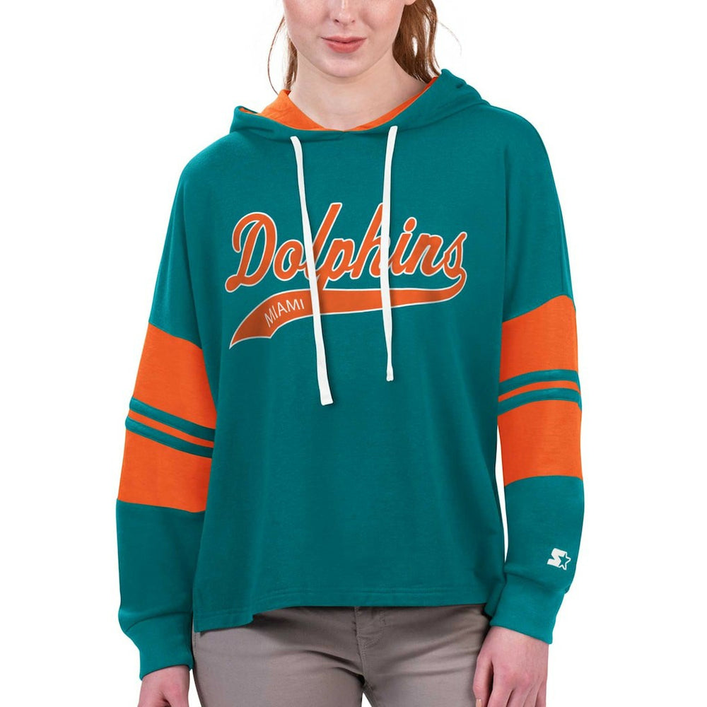 Miami Dolphins Starter Women's Bump And Run Long Sleeve Hoodie T-Shirt - Aqua Hoodies