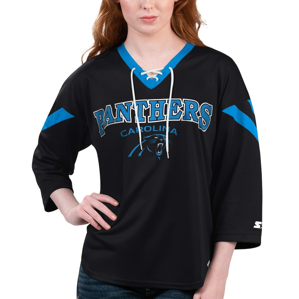 Carolina Panthers Starter Women's Rally Lace-Up 3/4 Sleeve T-Shirt - Black T-shirts