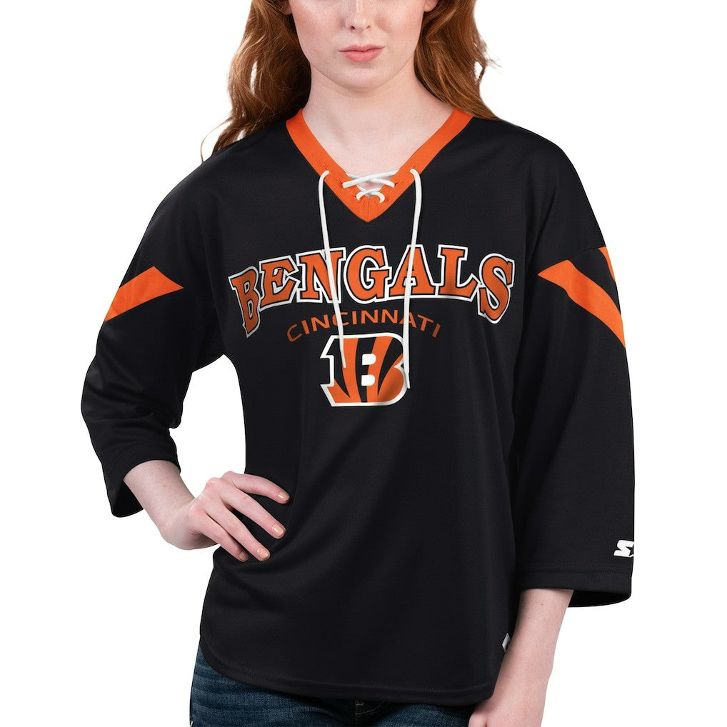 Cincinnati Bengals Starter Women's Rally Lace-Up 3/4 Sleeve T-Shirt - Black T-shirts