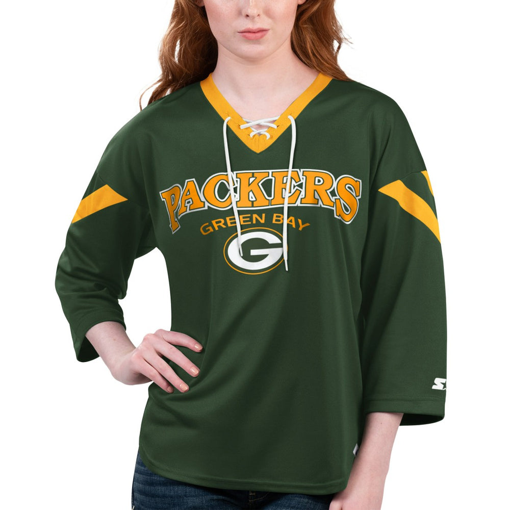 Green Bay Packers Starter Women's Rally Lace-Up 3/4 Sleeve T-Shirt - Green T-shirts