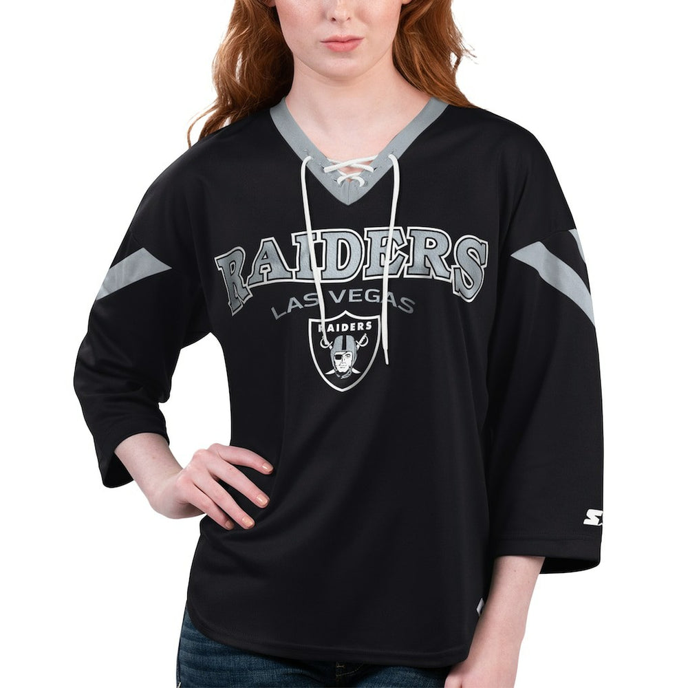 Las Vegas Raiders Starter Women's Rally Lace-Up 3/4 Sleeve T-Shirt - Black T-shirts