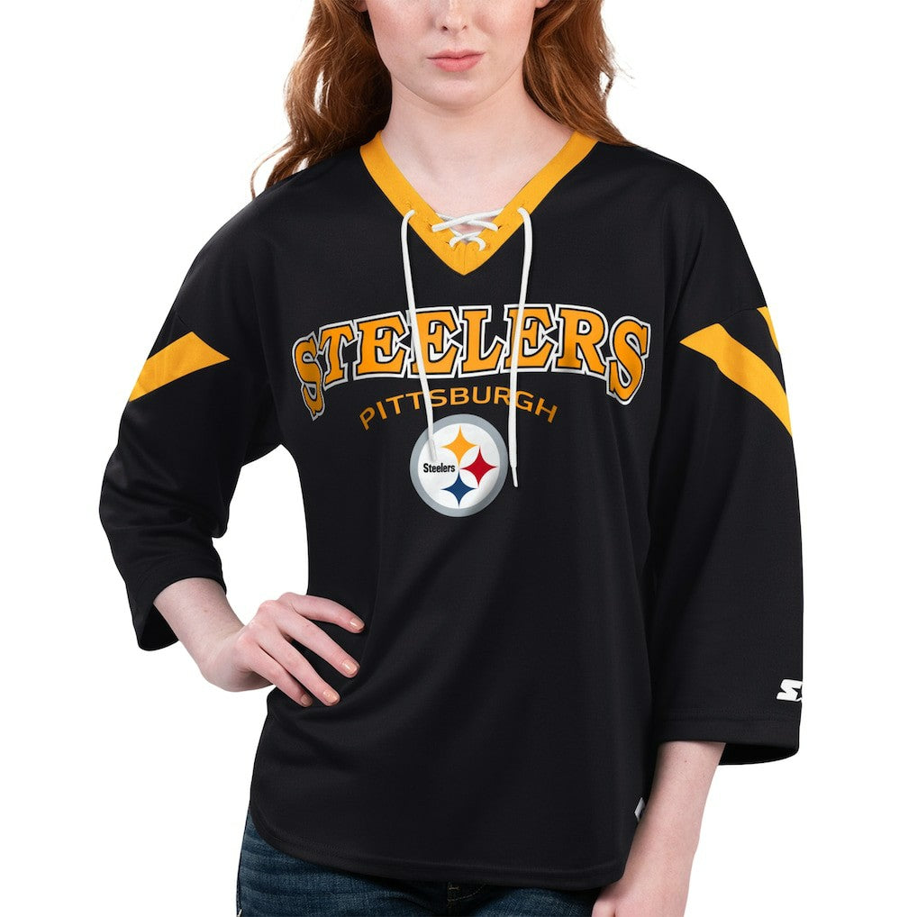 Pittsburgh Steelers Starter Women's Rally Lace-Up 3/4 Sleeve T-Shirt - Black T-shirts
