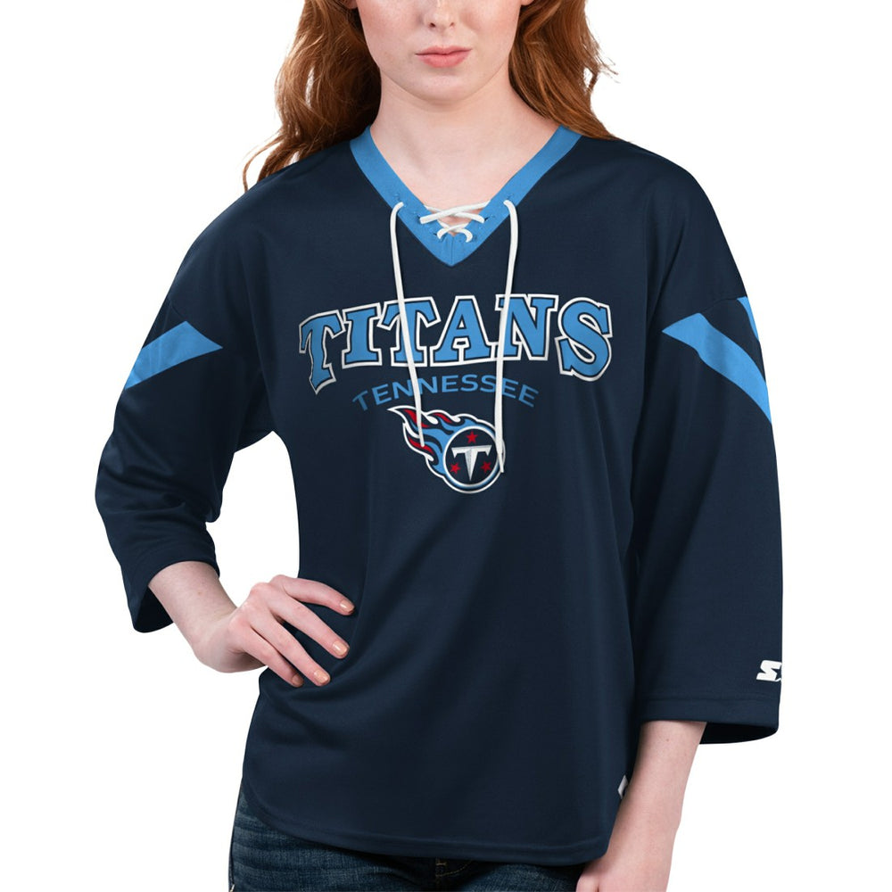 Tennessee Titans Starter Women's Rally Lace-Up 3/4 Sleeve T-Shirt - Navy T-shirts