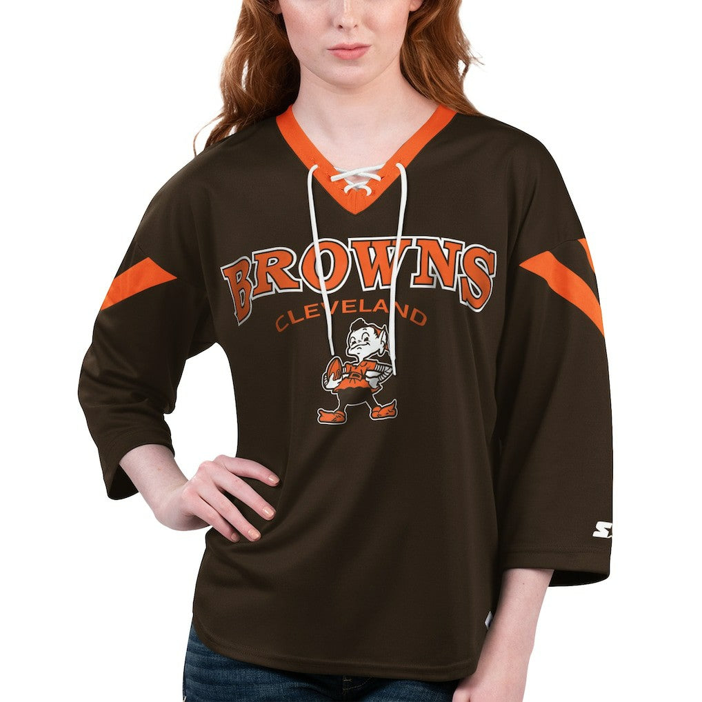 Cleveland Browns Starter Women's Rally Lace-Up 3/4 Sleeve T-Shirt - Brown T-shirts