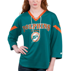 Miami Dolphins Starter Women's Rally Lace-Up 3/4 Sleeve T-Shirt - Aqua T-shirts