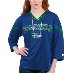 Seattle Seahawks Starter Women's Rally Lace-Up 3/4 Sleeve T-Shirt - Navy T-shirts