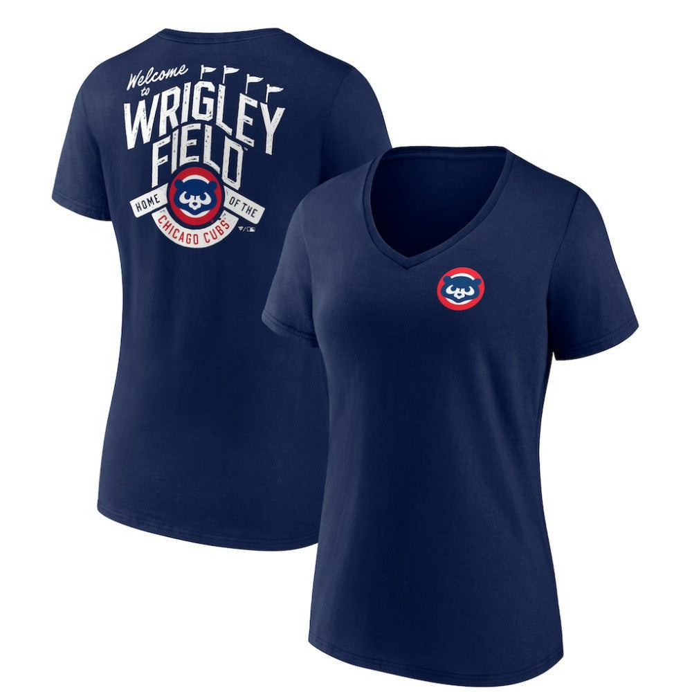 Chicago Cubs Women's Hometown Collection Wrigley V-Neck T-Shirt - Navy T-shirts
