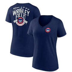 Chicago Cubs Women's Hometown Collection Wrigley V-Neck T-Shirt - Navy T-shirts