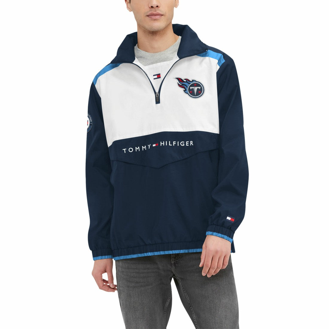 Tennessee Titans Tommy Hilfiger Carter Half-Zip Hooded Top - Navy/White Tops