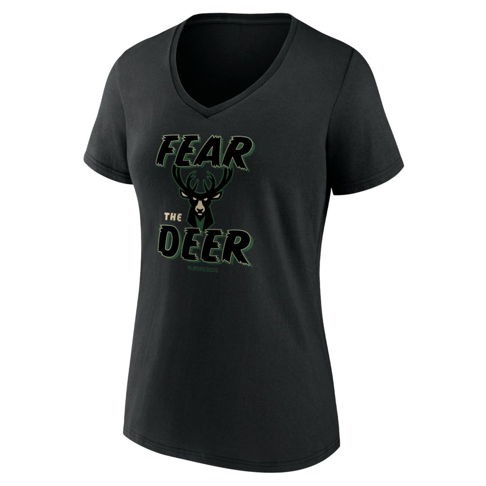 Milwaukee Bucks Women's Hometown Collection Fear The Deer V-Neck T-Shirt Black