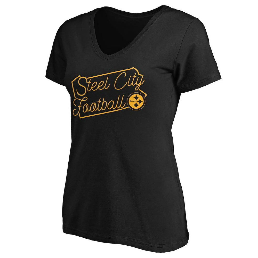 Pittsburgh Steelers Women's Script V-Neck T-Shirt - Black T-shirts