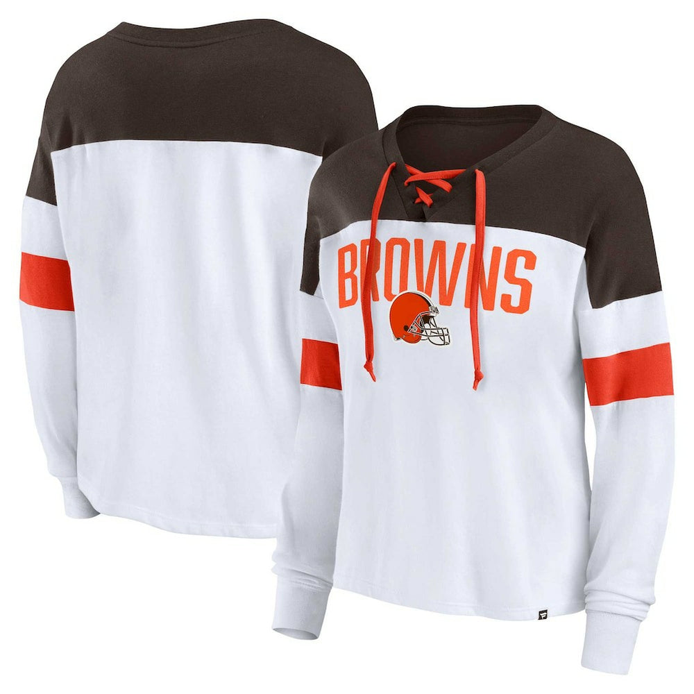 Cleveland Browns Women's Plus Size Even Match Lace-Up Long Sleeve V-Neck Top - White/Brown Tops