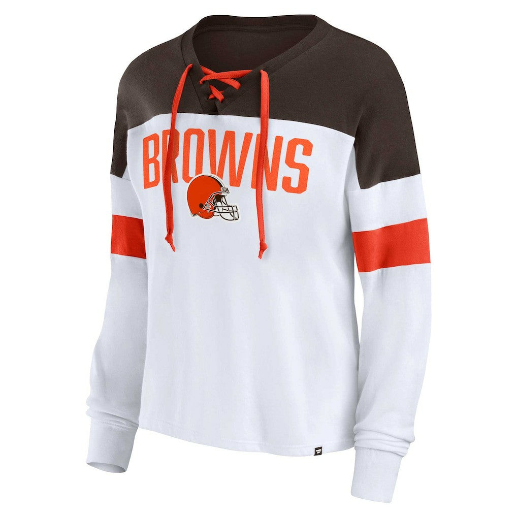 Cleveland Browns Women's Plus Size Even Match Lace-Up Long Sleeve V-Neck Top - White/Brown Tops