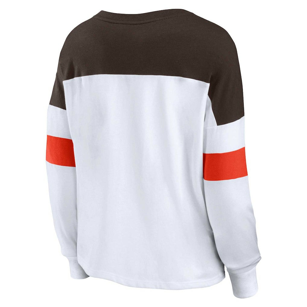 Cleveland Browns Women's Plus Size Even Match Lace-Up Long Sleeve V-Neck Top - White/Brown Tops