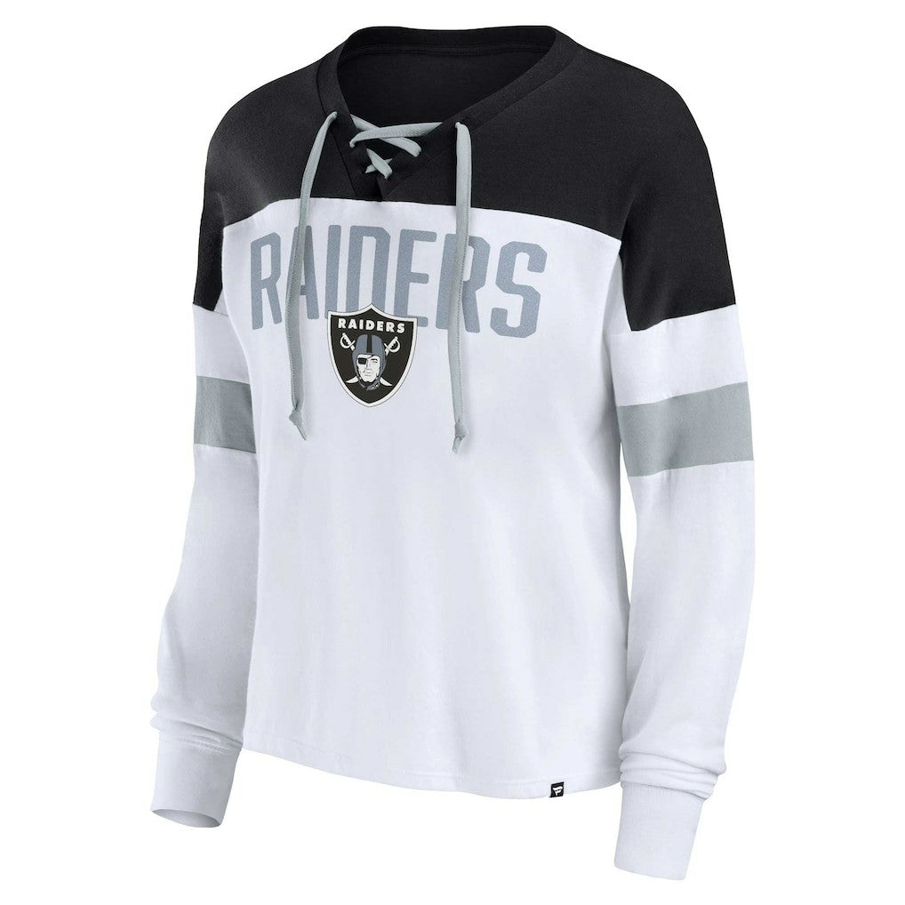 Las Vegas Raiders Women's Plus Size Even Match Lace-Up Long Sleeve V-Neck Top - White/Black Tops