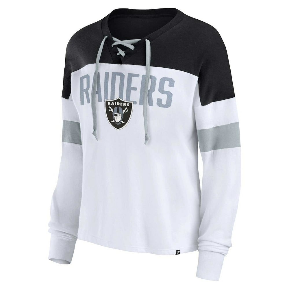 Las Vegas Raiders Women's Plus Size Even Match Lace-Up Long Sleeve V-Neck Top - White/Black Tops