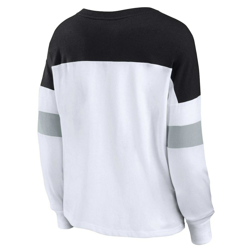 Las Vegas Raiders Women's Plus Size Even Match Lace-Up Long Sleeve V-Neck Top - White/Black Tops
