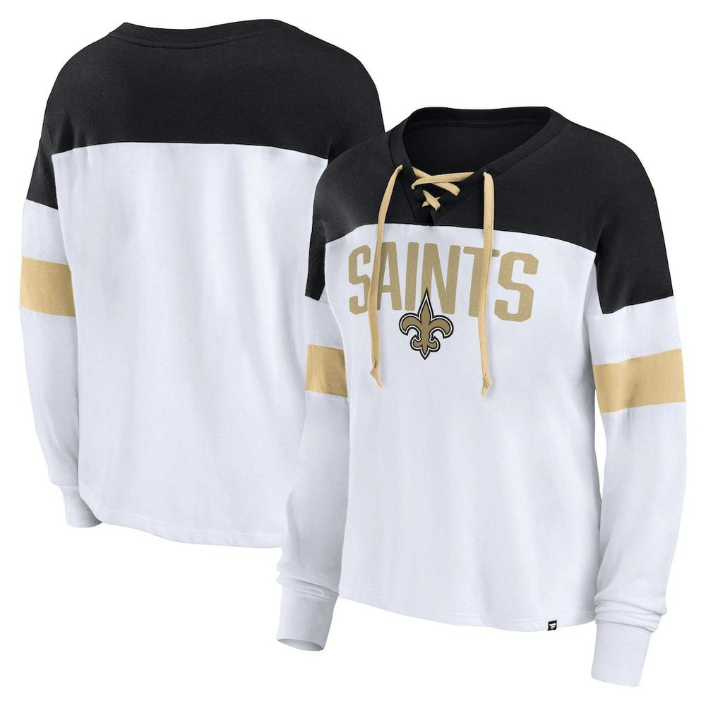 New Orleans Saints Women's Plus Size Even Match Lace-Up Long Sleeve V-Neck Top - White/Black Tops