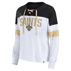New Orleans Saints Women's Plus Size Even Match Lace-Up Long Sleeve V-Neck Top - White/Black Tops