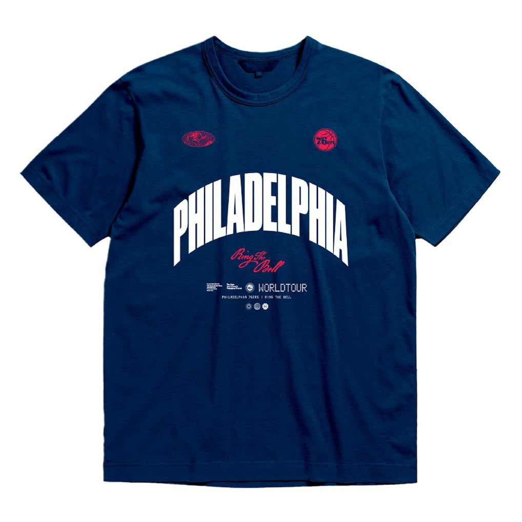 Philadelphia 76ers Bleacher Report x  Unisex World Tour T-Shirt Navy - Mitchell & Ness
