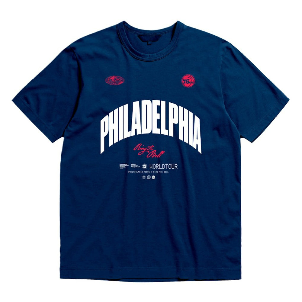 Philadelphia 76ers Bleacher Report x  Unisex World Tour T-Shirt Navy - Mitchell & Ness