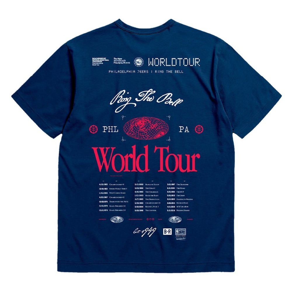 Philadelphia 76ers Bleacher Report x  Unisex World Tour T-Shirt Navy - Mitchell & Ness