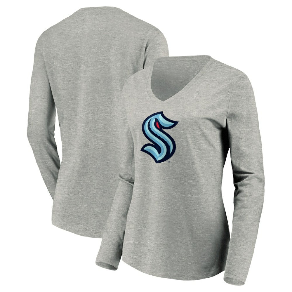 Seattle Kraken Women's Primary Logo V-Neck Long Sleeve T-Shirt - Gray | US 200131666