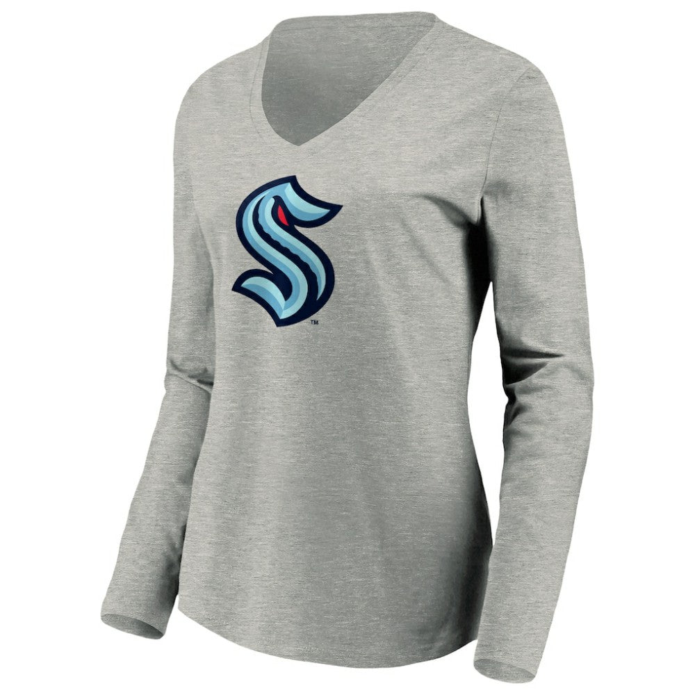 Seattle Kraken Women's Primary Logo V-Neck Long Sleeve T-Shirt - Gray | US 200131666