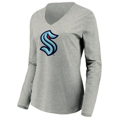 Seattle Kraken Women's Primary Logo V-Neck Long Sleeve T-Shirt - Gray | US 200131666