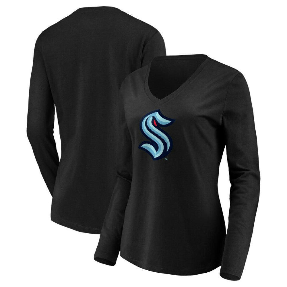 Seattle Kraken Women's Primary Logo V-Neck Long Sleeve T-Shirt - Black | US 200131914