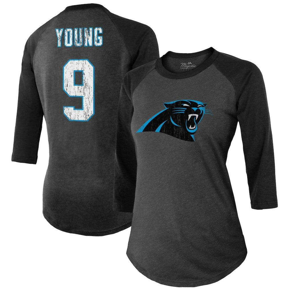 Bryce Young Carolina Panthers Majestic Threads Women's Player Name & Number Tri-Blend 3/4-Sleeve Fitted T-Shirt - Black T-shirts