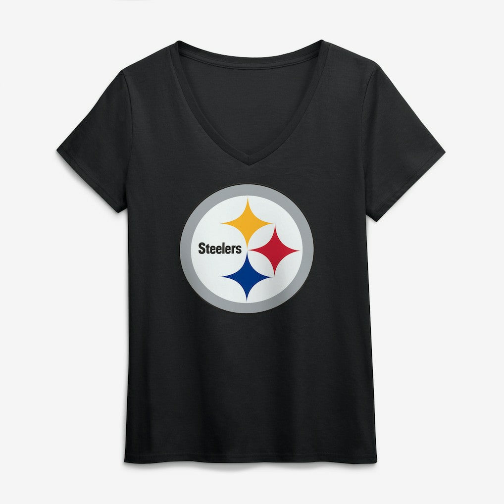 Pittsburgh Steelers Logo Athletic Women's Primary Logo V-Neck T-Shirt - Black T-shirts
