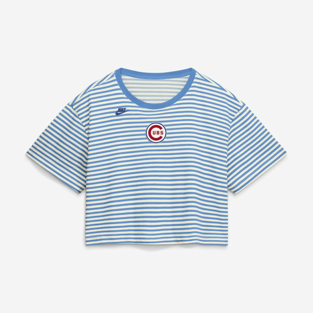 Chicago Cubs Nike Women's Cooperstown Collection Striped Cropped T-Shirt - Light Blue/Cream T-shirts