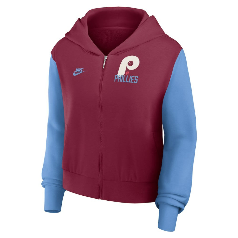 Philadelphia Phillies Nike Women's Cooperstown Collection Cropped Full-Zip Hoodie - Burgundy/Light Blue Hoodies