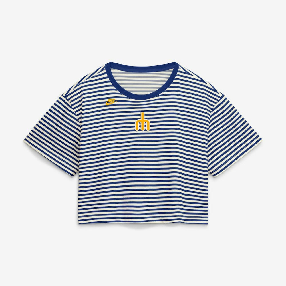 Seattle Mariners Nike Women's Cooperstown Collection Striped Cropped T-Shirt - Royal/Cream T-shirts