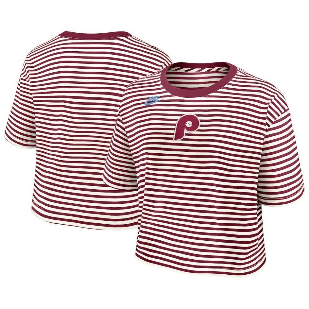 Philadelphia Phillies Nike Women's Cooperstown Collection Striped Cropped T-Shirt - Burgundy/Cream T-shirts