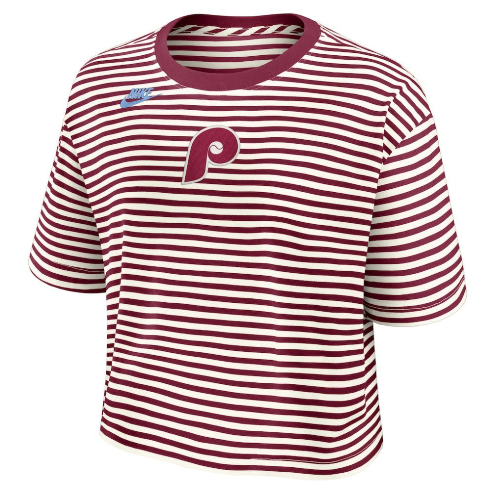 Philadelphia Phillies Nike Women's Cooperstown Collection Striped Cropped T-Shirt - Burgundy/Cream T-shirts