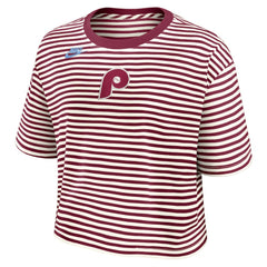 Philadelphia Phillies Nike Women's Cooperstown Collection Striped Cropped T-Shirt - Burgundy/Cream T-shirts