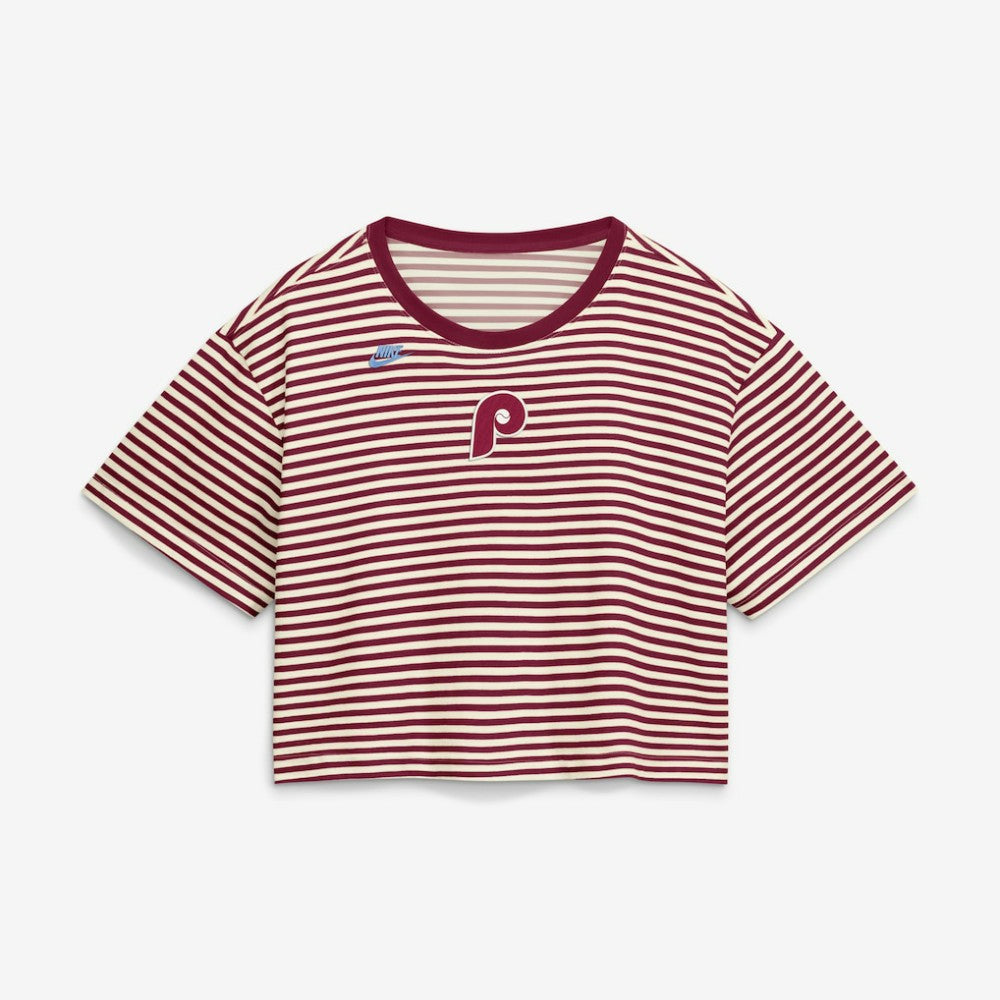 Philadelphia Phillies Nike Women's Cooperstown Collection Striped Cropped T-Shirt - Burgundy/Cream T-shirts