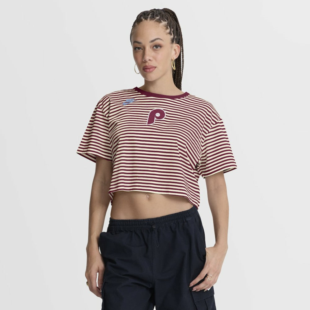 Philadelphia Phillies Nike Women's Cooperstown Collection Striped Cropped T-Shirt - Burgundy/Cream T-shirts