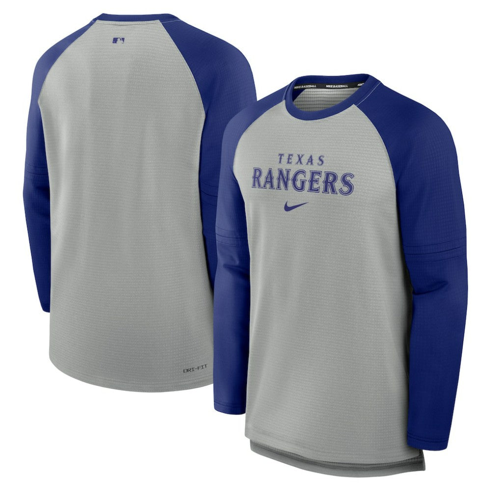 Texas Rangers Nike Authentic Collection Game Time Raglan Performance Long Sleeve T-Shirt - Heather Gray/Royal T-shirts