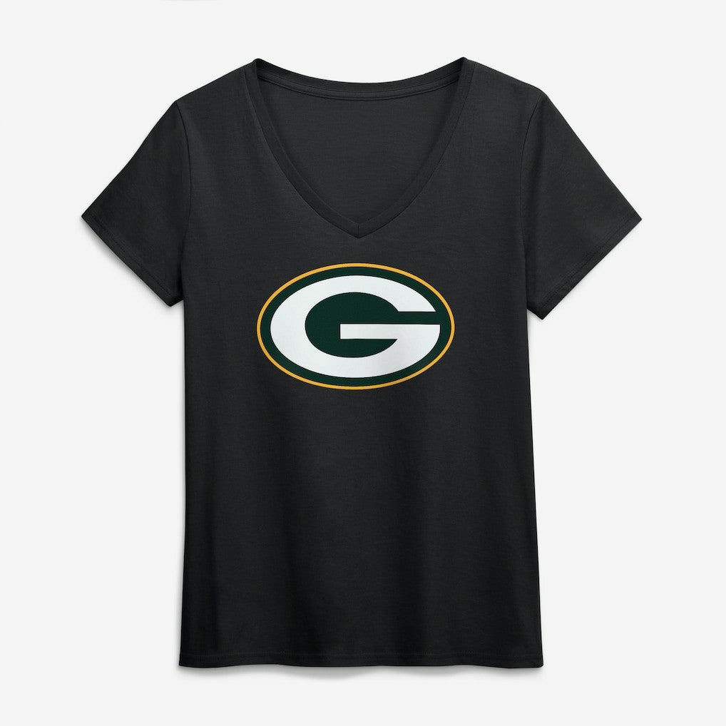 Green Bay Packers Logo Athletic Women's Primary Logo V-Neck T-Shirt - Black T-shirts