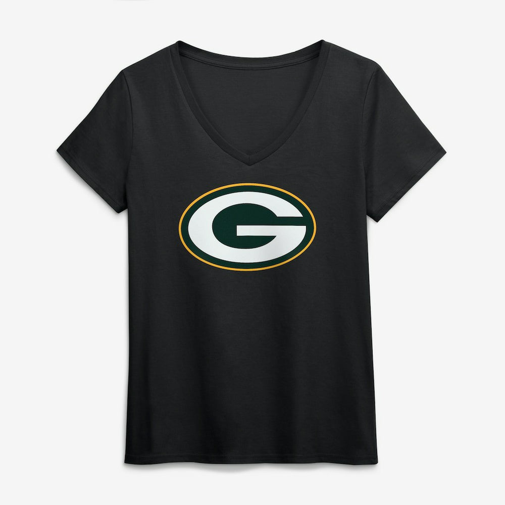 Green Bay Packers Logo Athletic Women's Primary Logo V-Neck T-Shirt - Black T-shirts