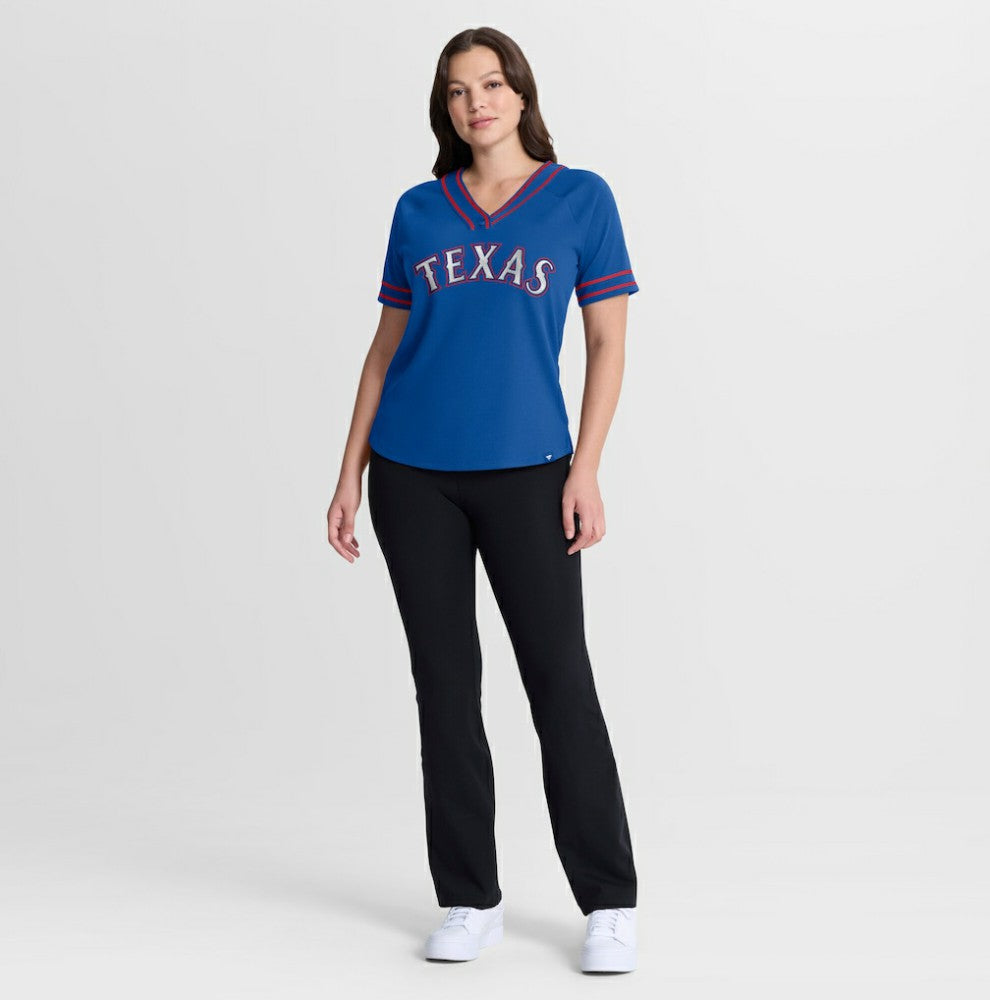 Texas Rangers Fanatics Women's Diva Race Ahead Raglan V-Neck T-Shirt - Royal T-shirts