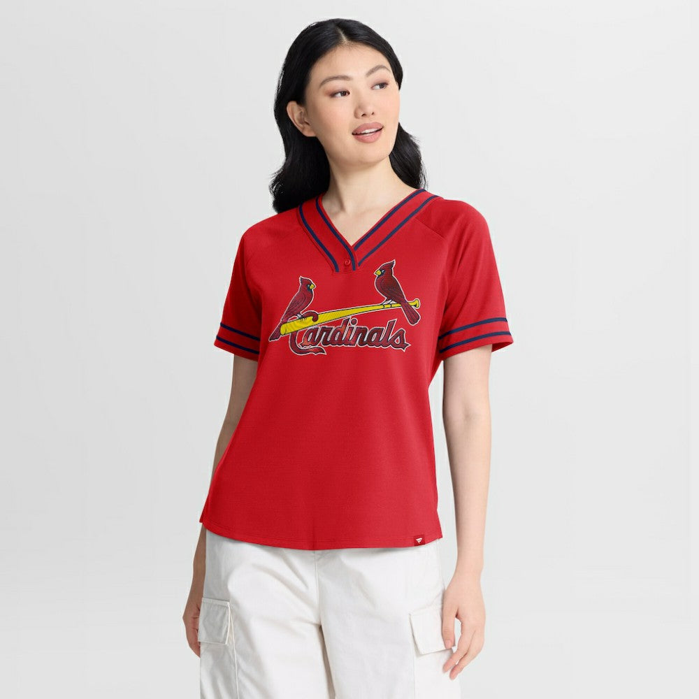 St. Louis Cardinals Fanatics Women's Diva Race Ahead Raglan V-Neck T-Shirt - Red T-shirts