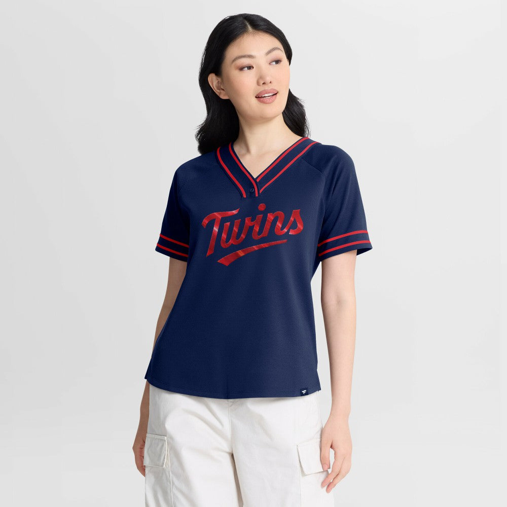 Minnesota Twins Fanatics Women's Diva Race Ahead Raglan V-Neck T-Shirt - Navy T-shirts